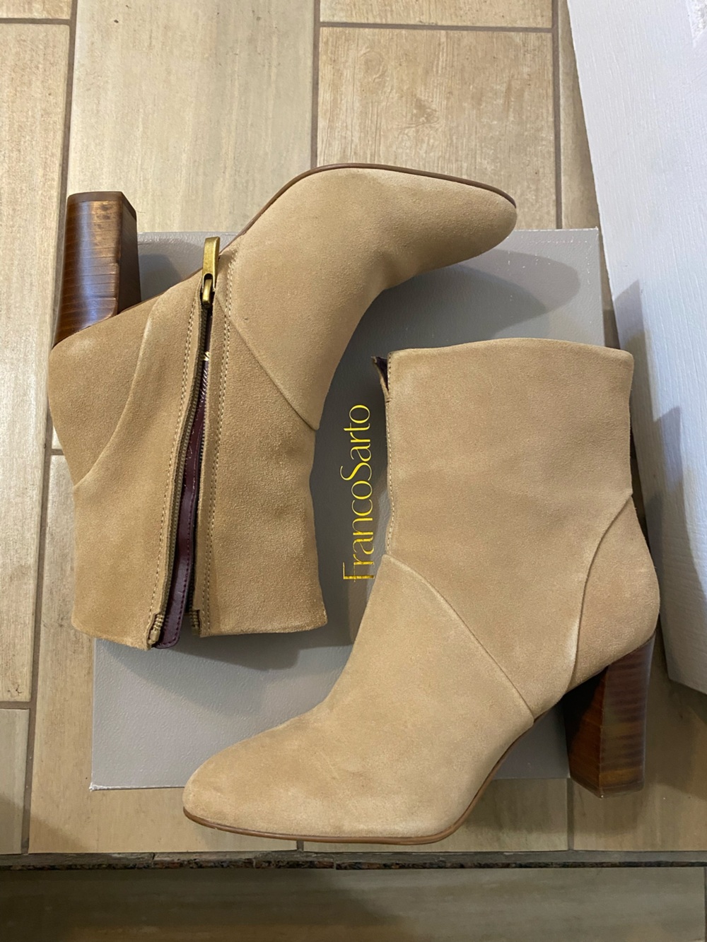 Franco Sarto Tan Suede Wedge Ankle Booties with Side Zip